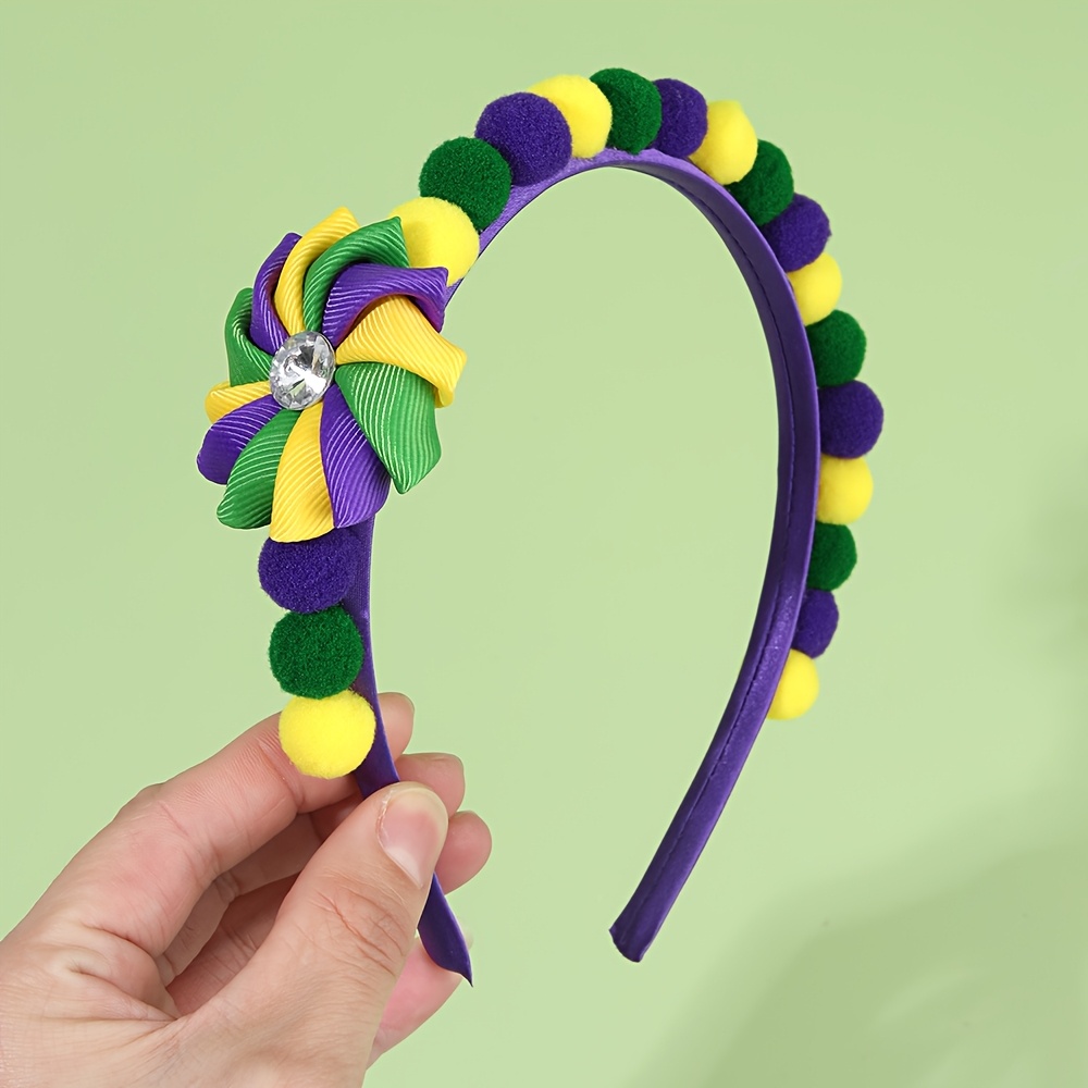 

1pc Mardi Gras Carnival Headband, Polyester Non-woven Fabric, Cute Floral Pompom Hair Hoop With Rotating Windmill And , For Teens, Dance & Party Hair Accessory, Fall/winter Season