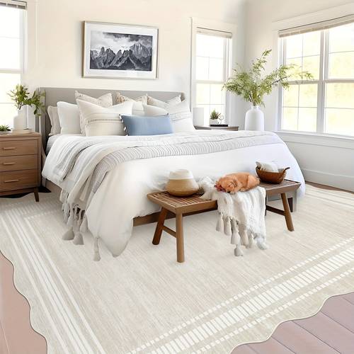 1pc machine washable non slip modern distressed bordered mat soft low pile 100 polyester with rubber backing neutral beige solid color irregular shape for entryway living room bedroom office farmhouse minimalist home decor washable area mat