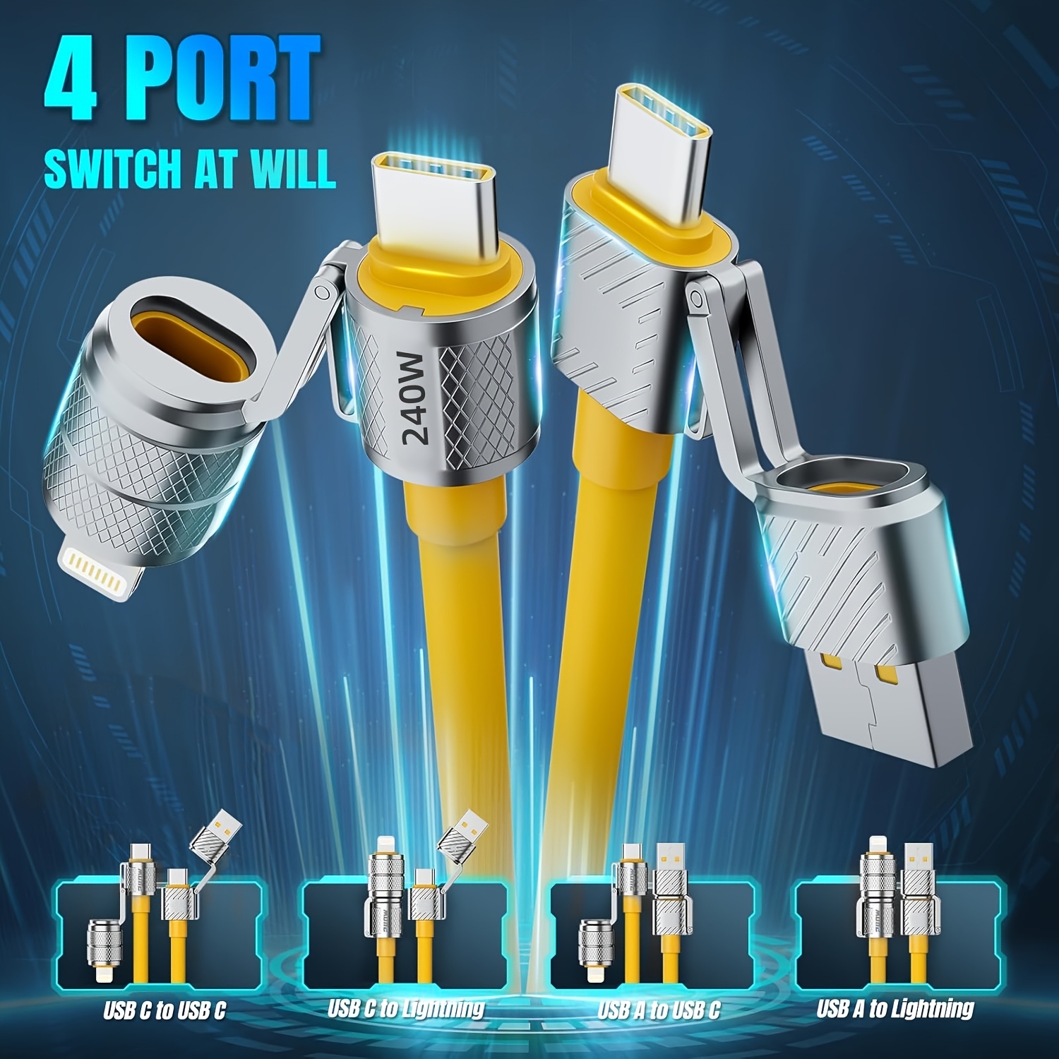 This Is a Versatile 4-In-1 USB C Lightning Data Cable That Can Deliver Up to 240W of Charging Power. It Is Compatible with for Iphone 16/15, Macbook, And Ipad, And Supports Lightning, Type C, And USB A Interfaces 13 This Is a Versatile 4-In-1 USB C Lightning Data Cable That Can Deliver Up to 240W of Charging Power. It Is Compatible with for Iphone 16/15, Macbook, And Ipad, And Supports Lightning, Type C, And USB A Interfaces