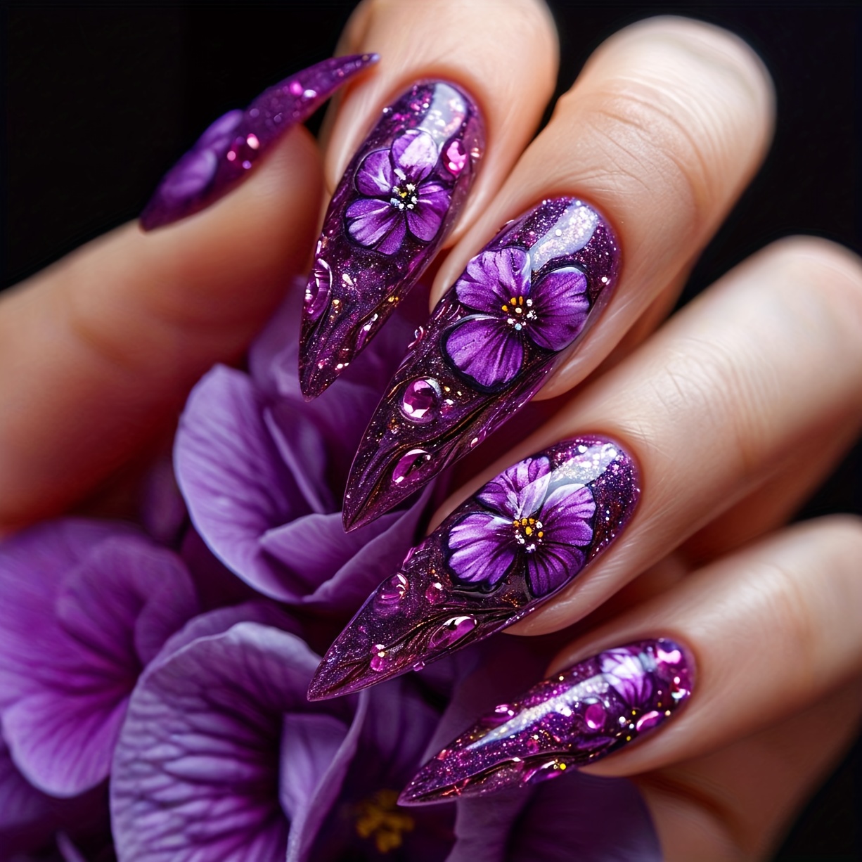 TEMU 24 Medium-sized False Nails With Almond, And Purple Smash Flower Hand-painted Floral Print Wear Armor Design, Removable False Nail