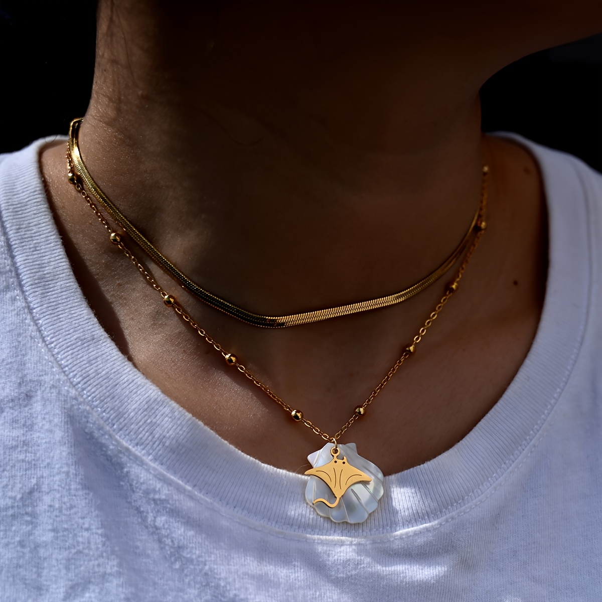 Ocean Series Golden Bead Chain Necklace with Seashell & Devil Fish