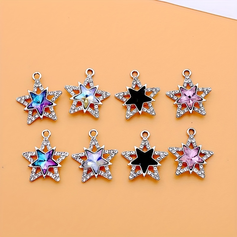 

radiant" 8-piece Mixed Crystal Star Charms Set - Dazzling Black, Purple & Champagne Pink With Uv Bright Silver Finish For Diy Earrings, Bracelets & Necklaces