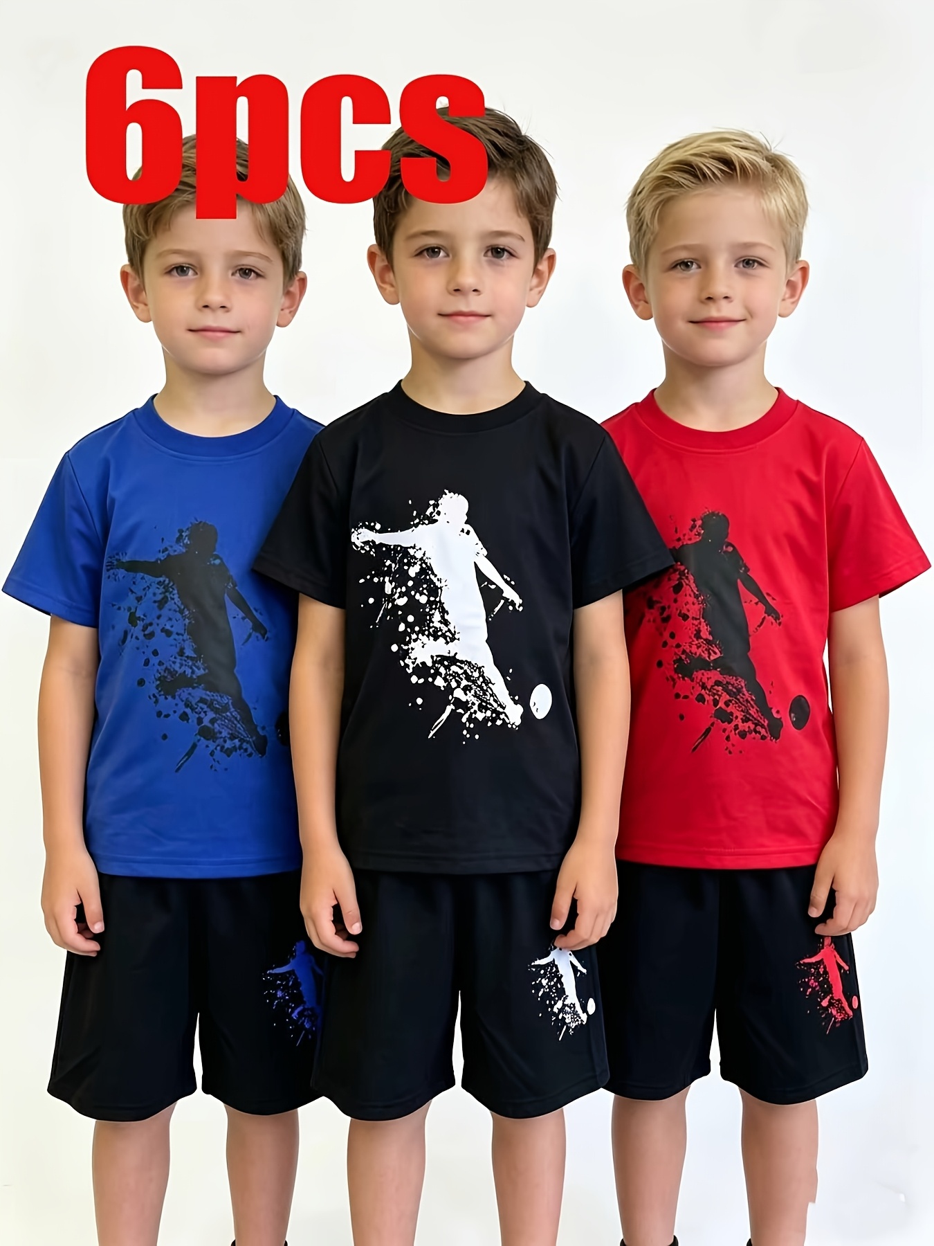 6pcs boys breathable comfortable and stylish printed round neck short sleeve and shorts set spring summer autumn casual wear leisurewear sporty style stretchy fabric suitable for outdoor   outdoor