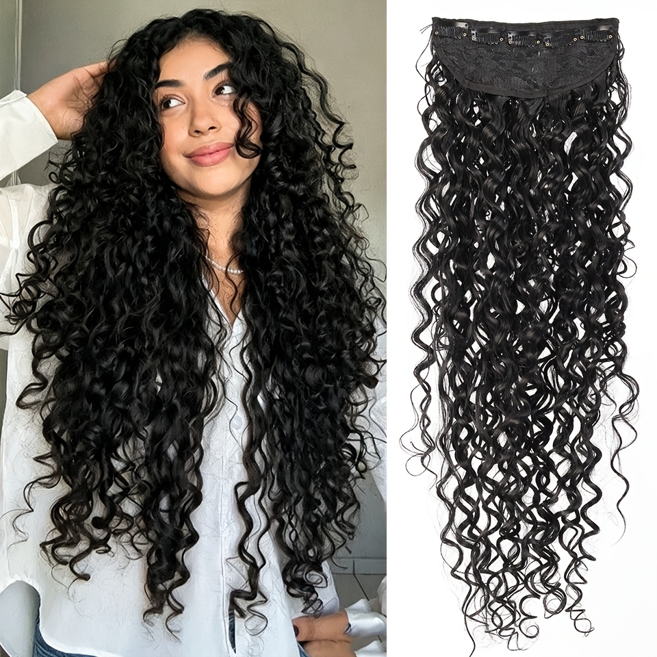 TEMU Extensions de perruque longue ondulée et bouclée synthétique avec clip 24", postiche pour femmes, perruque en fibre noire pour Halloween, Noël,