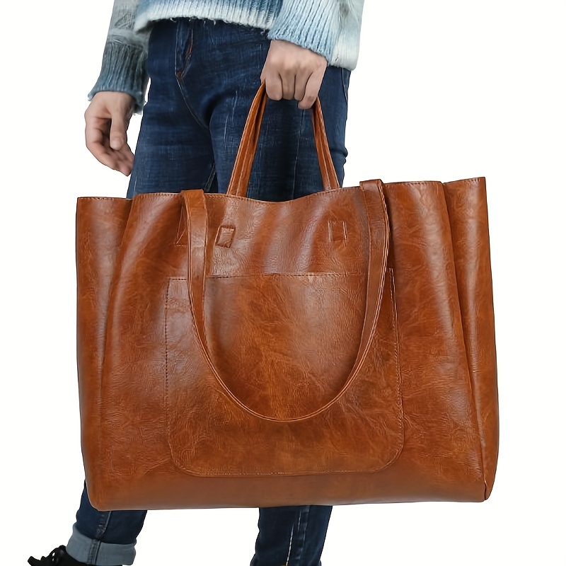 

Large Capacity Tote Bag For Women, Vintage Faux Leather Shoulder Handbag, Spacious Carryall