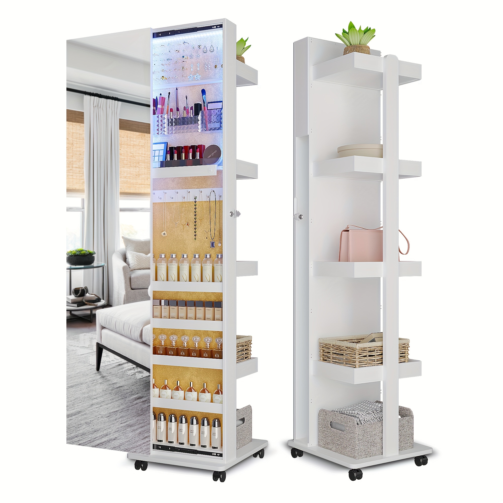 360 rotating led jewelry   full length   large capacity floor standing 3 color dimmable jewelry organizer   with 4 rollers rear storage shelves details 0