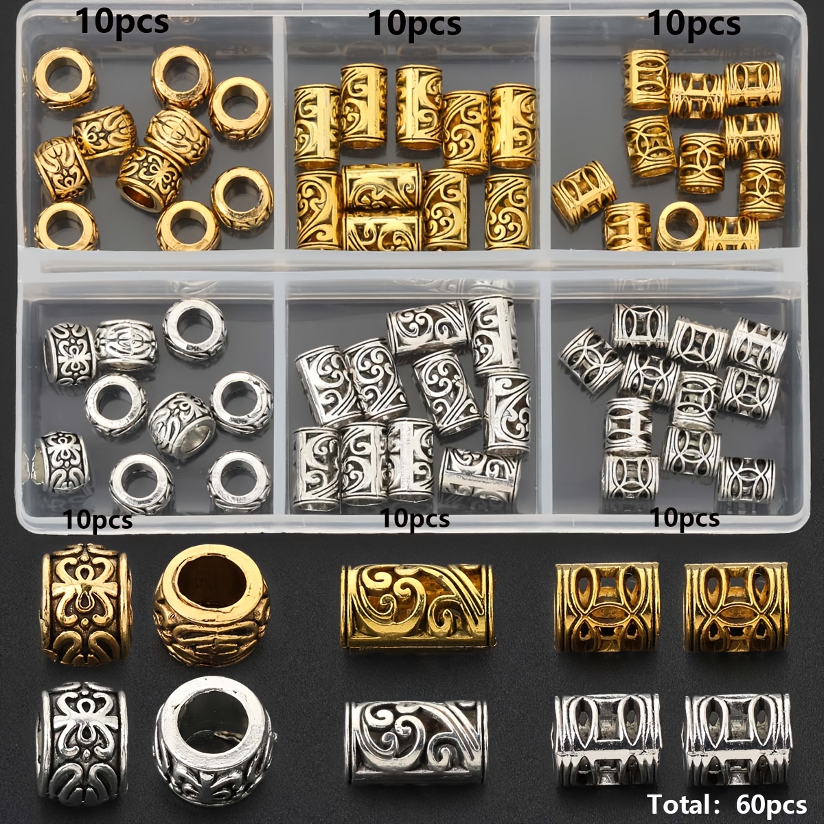 TEMU 60pcs/Boîte Ensemble de Pièces de Fabrication de Bijoux Motif Creux Perles de Seau Perles Libres à Travers le Trou de Perles d'Espacement en