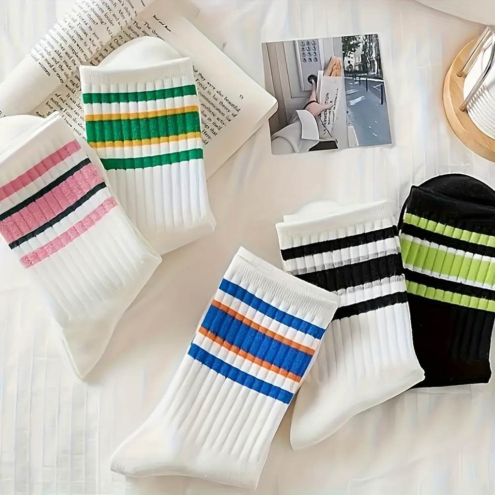 Image of 5 Pairs Women's Breathable Lace Trim Striped Socks - Moisture-wicking Summer Casual Socks With Colorful Patterns For Daily Outdoor Wear, Novelty Socks, Comfortable Sock Material