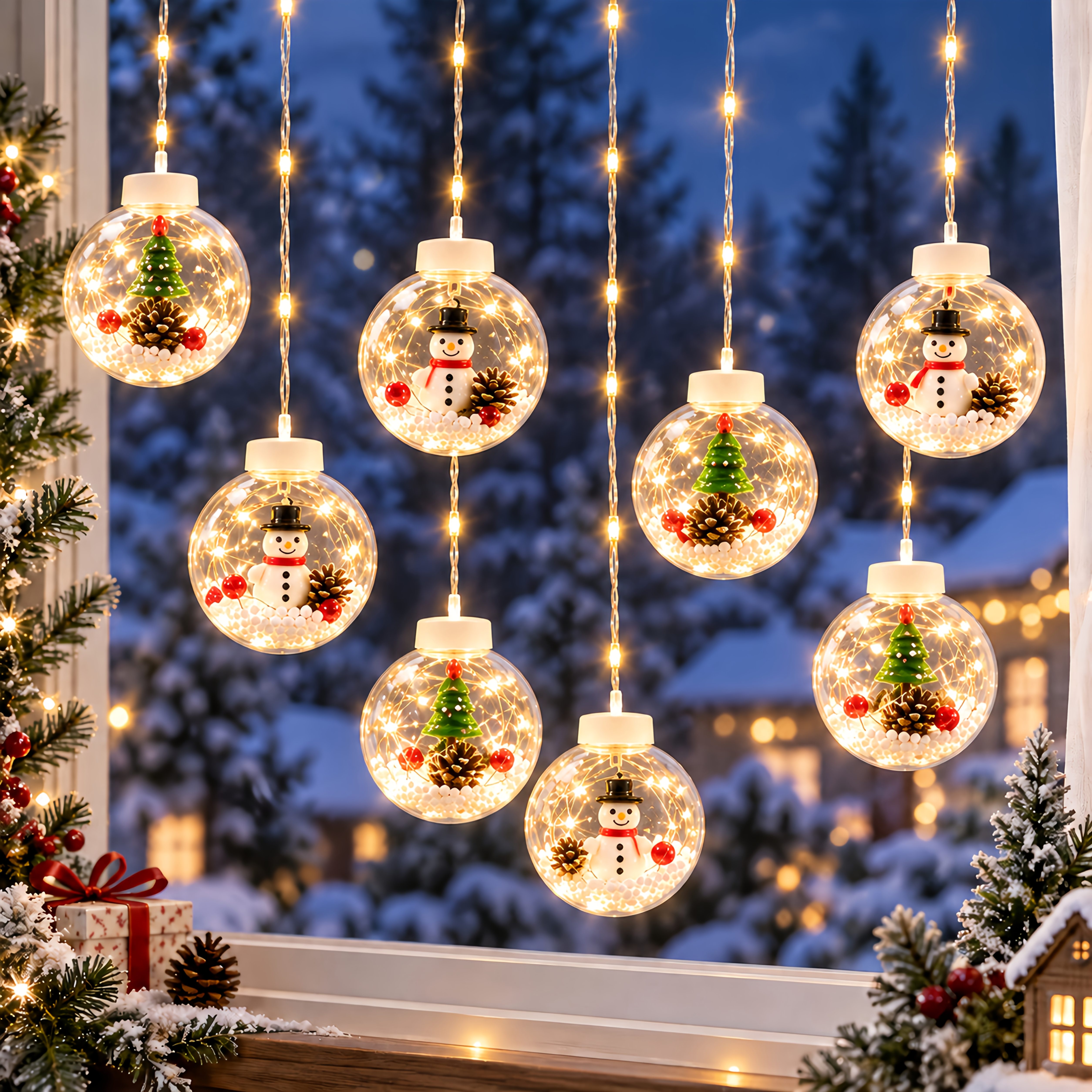 TEMU Usb Powered Christmas Curtain Lights, 4/8pcs Warm White Led Hanging Ball String Lights With Snowman And Mini Christmas Tree, Holiday Window