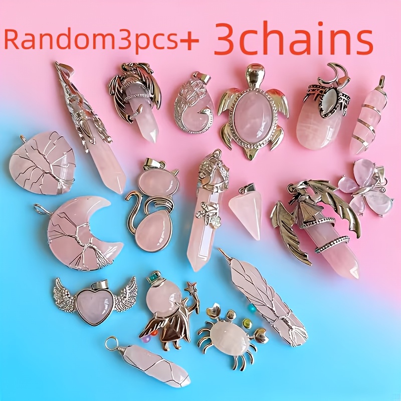 TEMU 6pcs Set: 3 Pendants + 3 Chains. Mixed Batch Bohemian Stone Pink Pendant. Random Pendants In Color Unlock Different . It