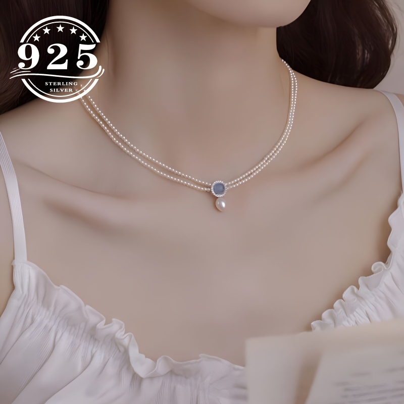 

925 Silver Double-layer Necklace With Artificial Aquamarine Pendant And Pearls - Elegant Fashion Accessory For Women By Chalibulang