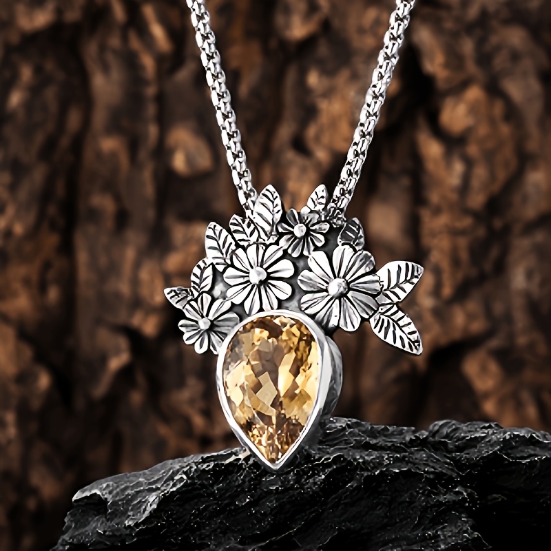 Women's Bohemian August Birthstone Necklace, Yellow Teardrop Pendant