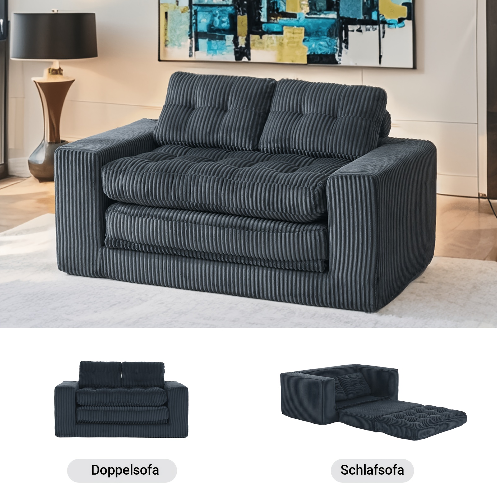 Image of Two-seater Sleeper Sofa With Memory Foam-no , 2-in-1 Function, Corduroy Cover-compact Sofa For Small Rooms, Apartments, Home Offices And Bedrooms