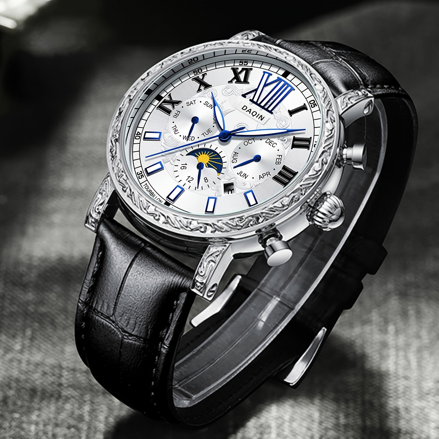 mens fully automatic dual sided hollow flywheel mechanical watch mens light luxury high end carved   with   calendar month night light moon phase multifunctional fashionable business casual mens wristwatch a gift   valentines day gift birthday gift without battery details 5