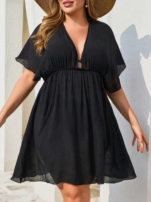 Women's Plus Size Deep V Neck Short Sleeve Back Cut Out Tied Dress Cover Ups * Semi See Through Batwing Sleeve A-Line Beach Tunic Dresses, Casual Loose Fit Flowy Plain * Resort Outfit Women's Plus Size Deep V Neck Short Sleeve Back Cut Out Tied Dress Cover Ups * Semi See Through Batwing Sleeve A-Line Beach Tunic Dresses, Casual Loose Fit Flowy Plain * Resort Outfit