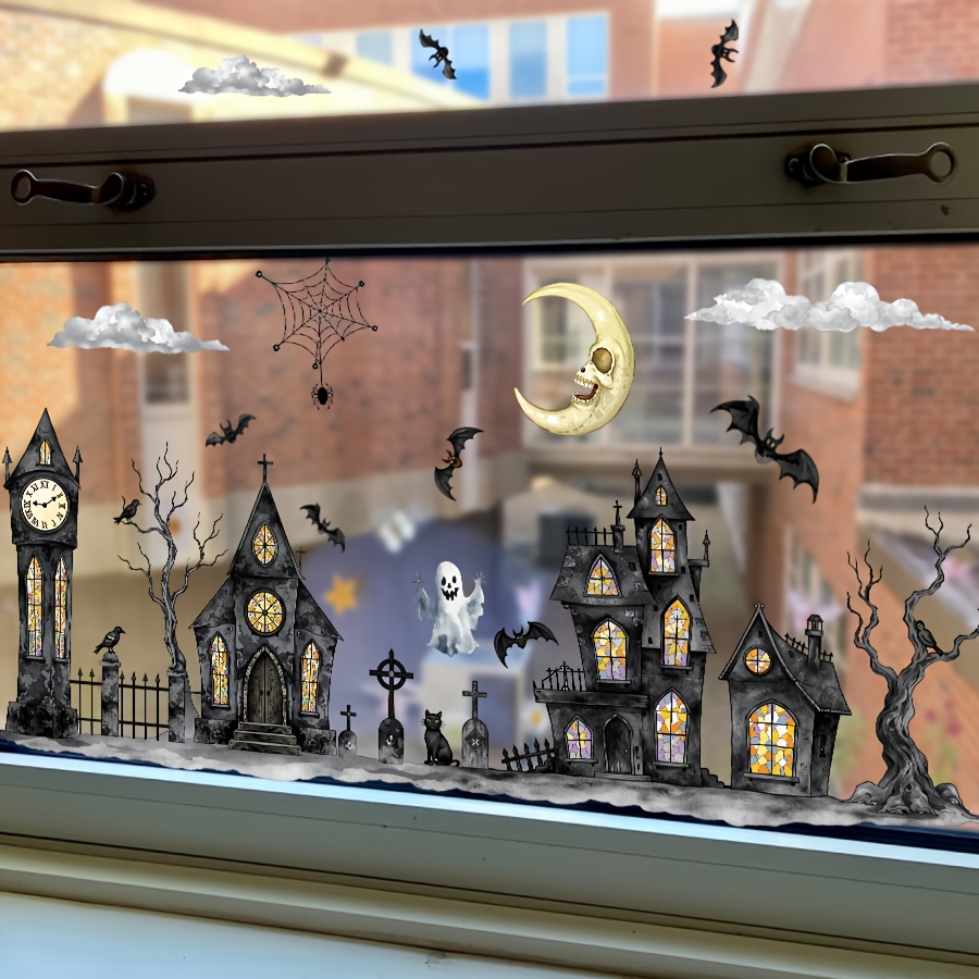 Image of 1 Set/2 Sheets, 2d Flat Halloween Watercolor Theme Stickers, Featuring Haunted House And Moon Patterns, Halloween Static Cling Window Stickers, On Sides, No Glue No Residue, Reusable Removable Decals