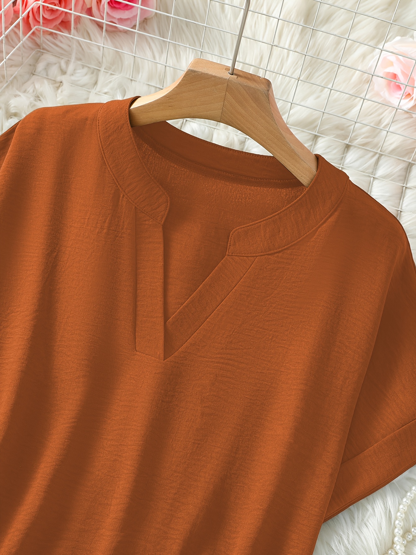 womens v neck drop shoulder sleeve solid color loose short sleeve shirt details 13