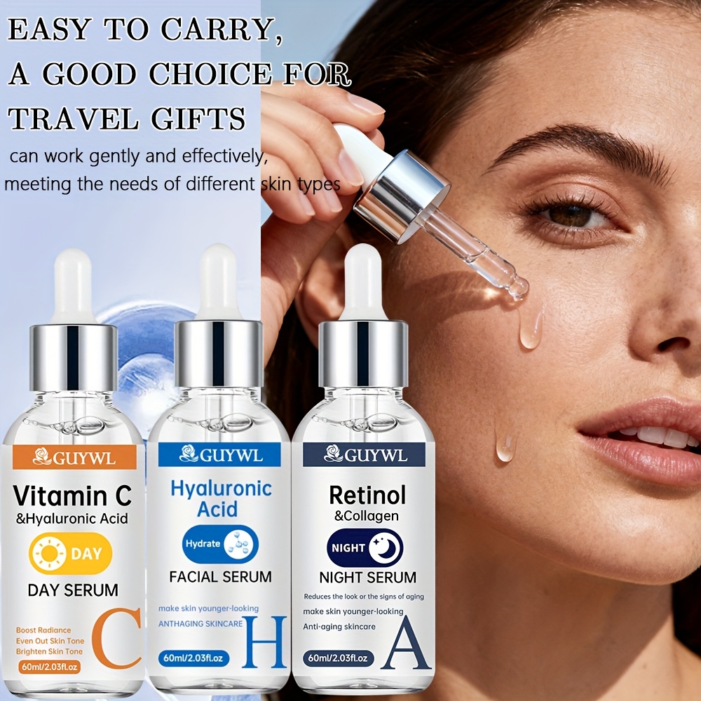 Le coffret 3 pièces de Guywl comprend des sérum de vitamine C, de rétinol et d'acide hyaluronique jour et nuit, associés au collagène, à l'acide tranexamique et à la niacinamide. Il éclaire le teint, raffermit la peau, hydrate en profondeur et uniformise le teint.