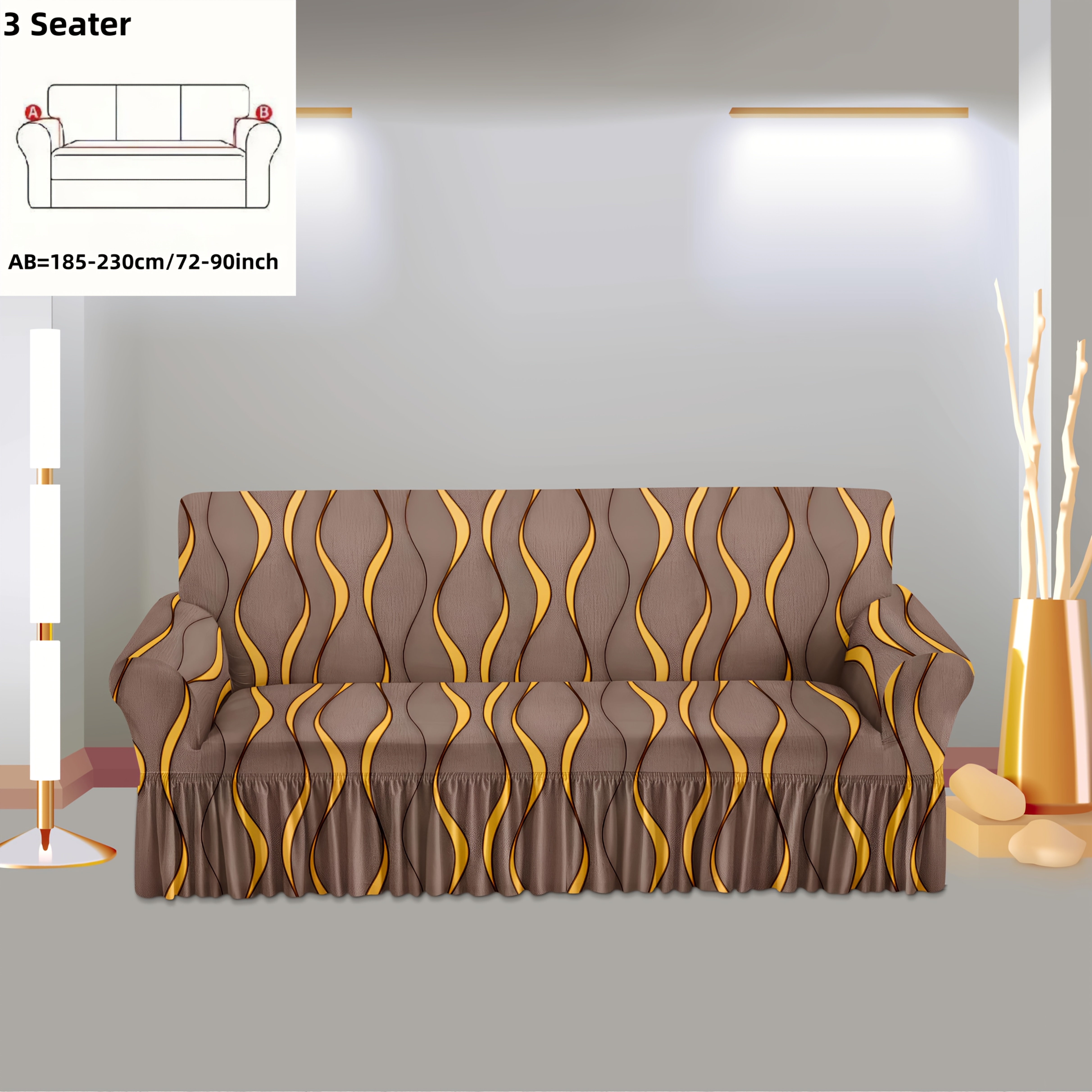 E-shop 1-teiliger Ganzjahres-Sofabezug mit Rock goldenen Linien aus seidigem Faserstoff mit Digitaldruck, strukturierter Sofaschonbezug in Khaki,