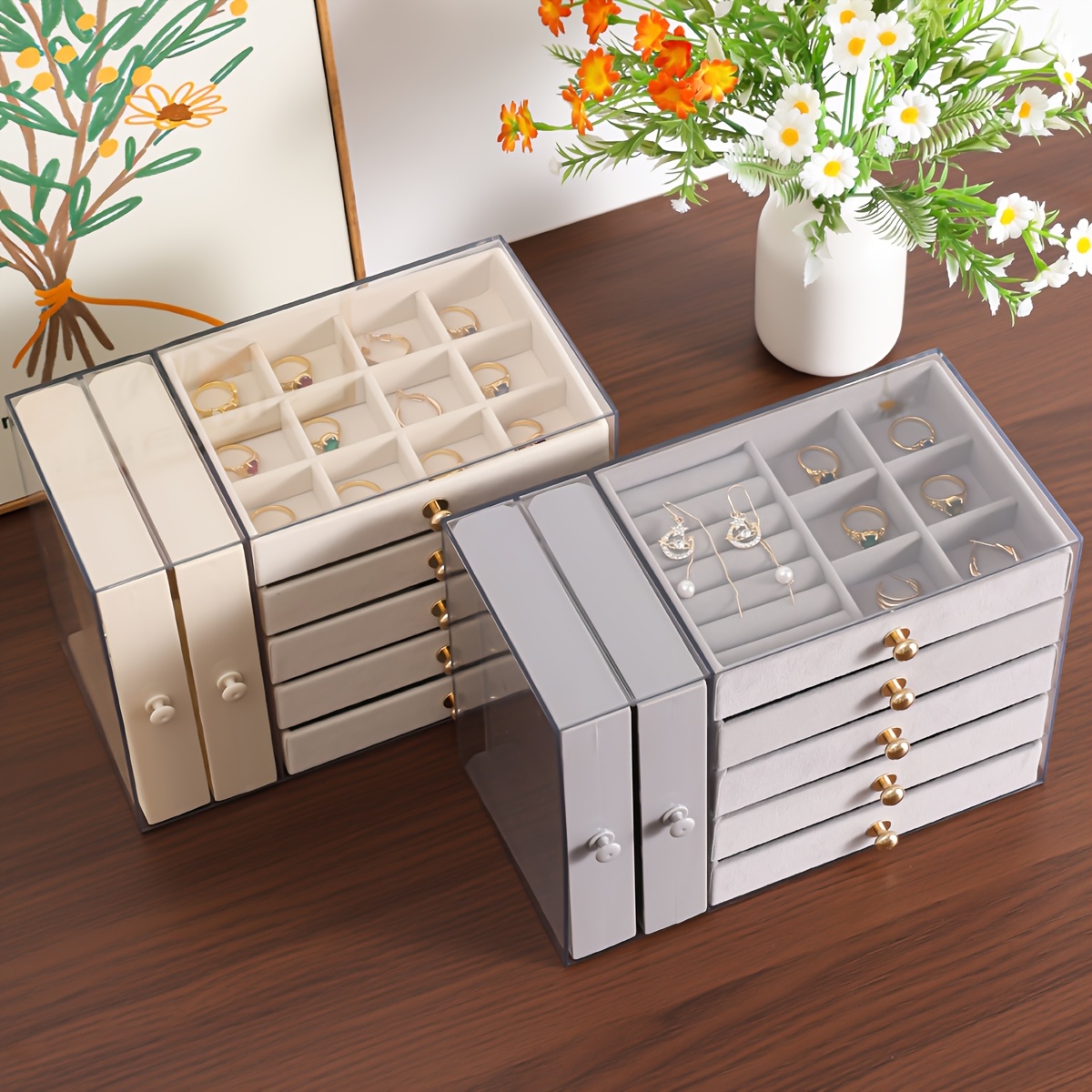 large capacity jewelry organizer box with multiple compartments for earrings rings necklaces bracelets durable plastic desktop storage box with golden handles polished   fabric lined interior ideal for valentines day christmas gifts jewelry gift box jewelry boxes Product details 0