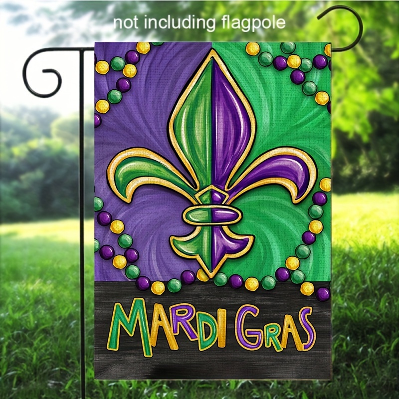 

1pc Mardi Gras Garden Flag, Linen Double-sided Outdoor Yard Decoration, 12x18 Inch, Multipurpose Celebration Flag With Beads, No Electricity Needed, For New Orleans Carnival Party Decor