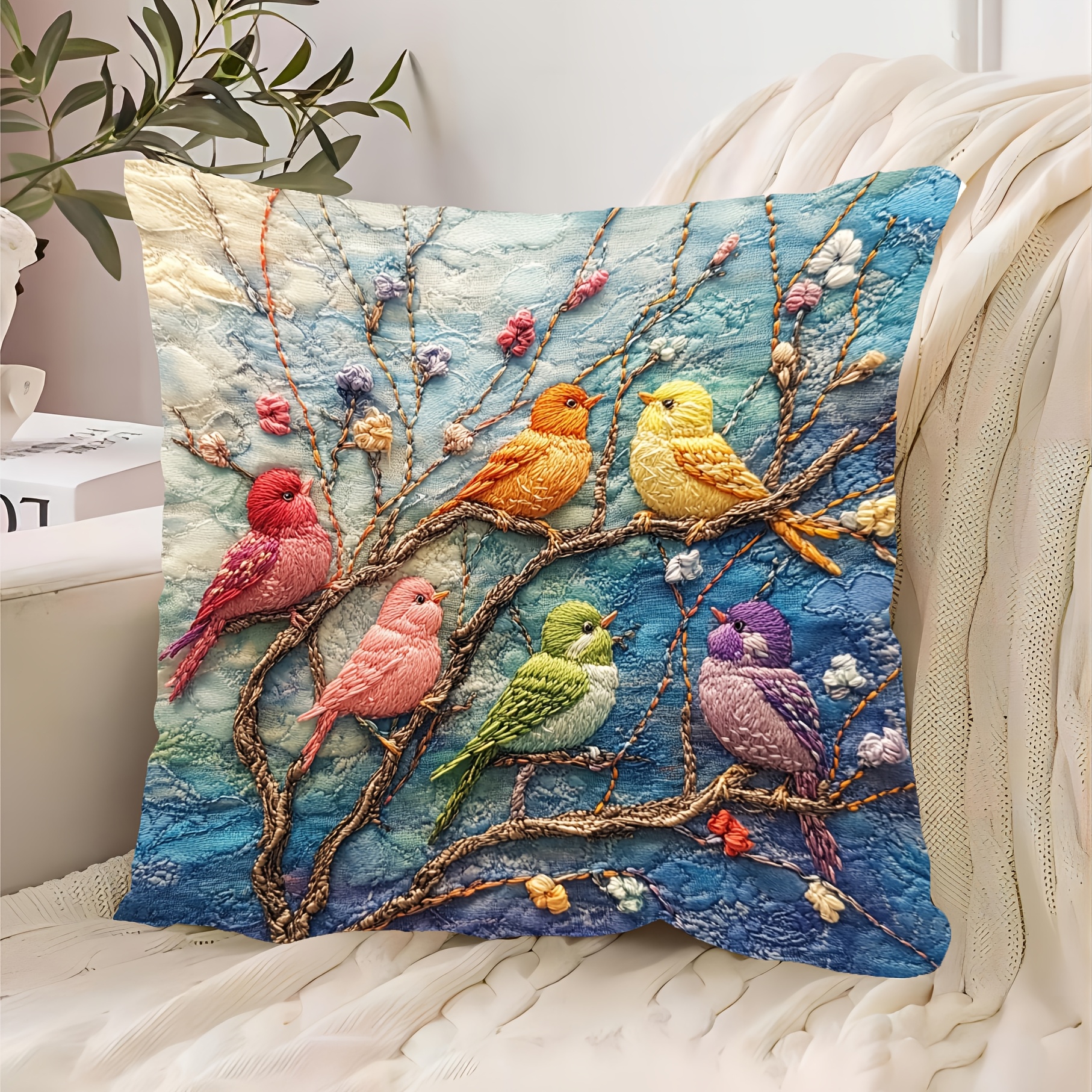 

1pc Vibrant & Branch Embroidery Decorative Pillow Cover, 18"x18", Soft Short Plush, Zippered Closure - Ideal For Sofa, Living Room, Bedroom, Office Decor (pillow Insert Not Included)