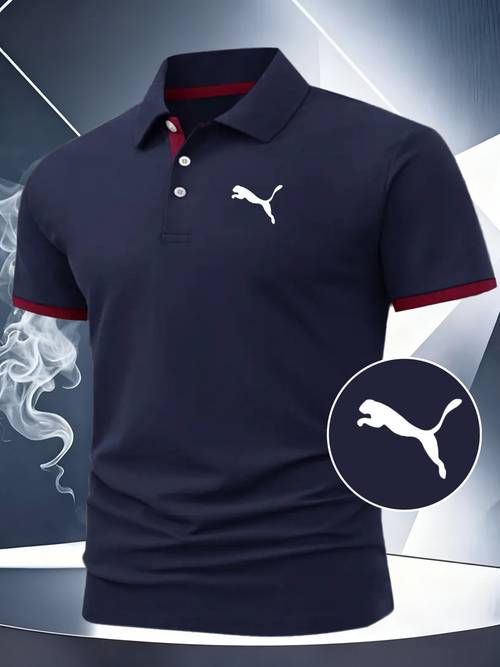 Q333-3246# Men'S Fashion Short Sleeve Button- Lapel POLO Shirt, Cheetah Leaping Pattern Print, Suitable for Summer Daily Wear, Very Suitable for Golf And Tennis Outdoor Sports, Fashionable Collared Top, Business Office Daily Social