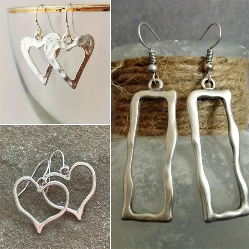 

3pairs Hook Earrings, Silvery Hollow Heart & Irregular Geometry Shaped Dangle Earrings, Retro Simple Alloy Earrings, Gift For Lovers, Party Accessories