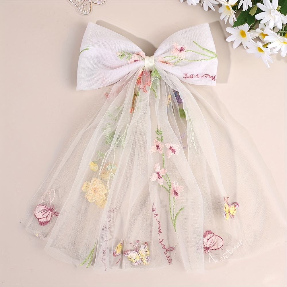 1pc Elegant Tulle Bow Hair Clips Flower Embroidered Bow Headwear For For