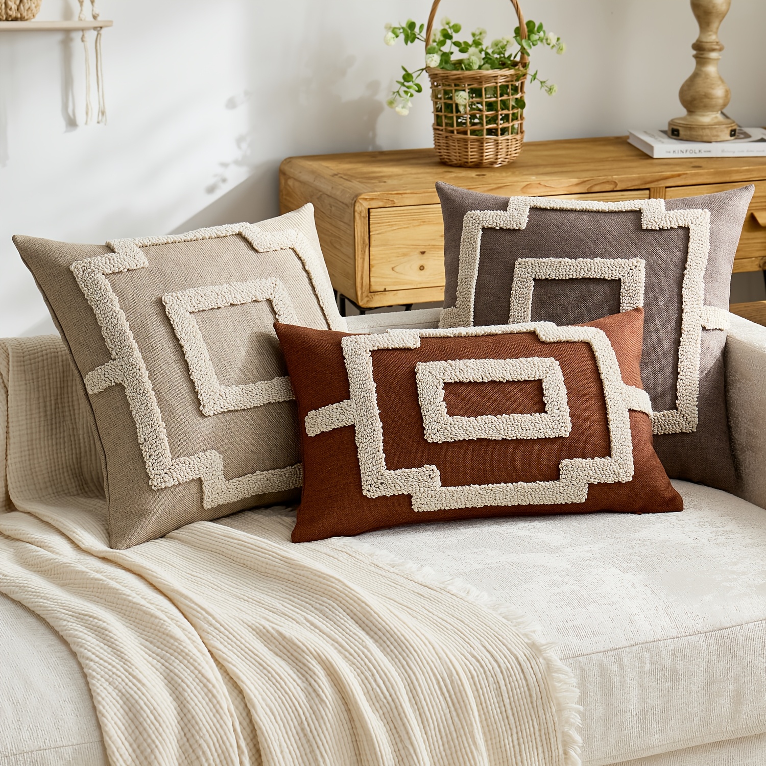1pc, Bohemia Stripe Pillowcase, Geometric Throw Pillow Cover, Single Side Embroidery, Spring and Summer Pillowcases, Suitable for Sofa, Living Room, Bedroom Home Decoration, No Pillow Core