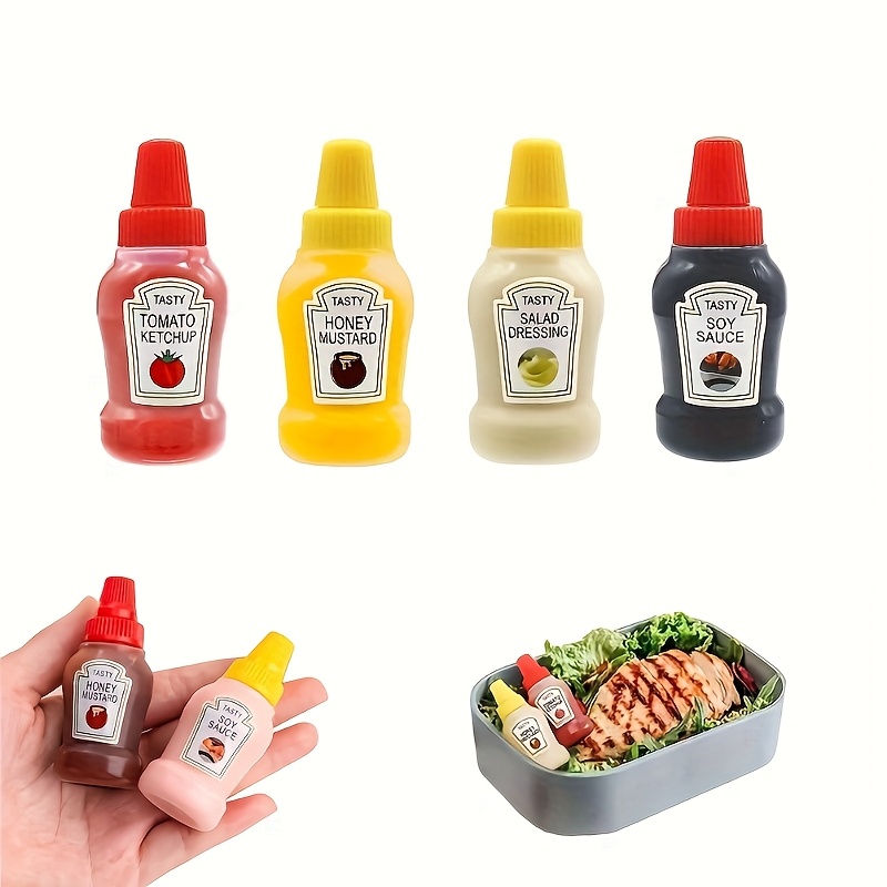 TEMU 4pcs Mini Portable Sauce Bottles For Lunch Boxes - Travel- Condiment Dispensers With Ketchup, Mayonnaise, Mustard, And Jam Labels - Ideal For