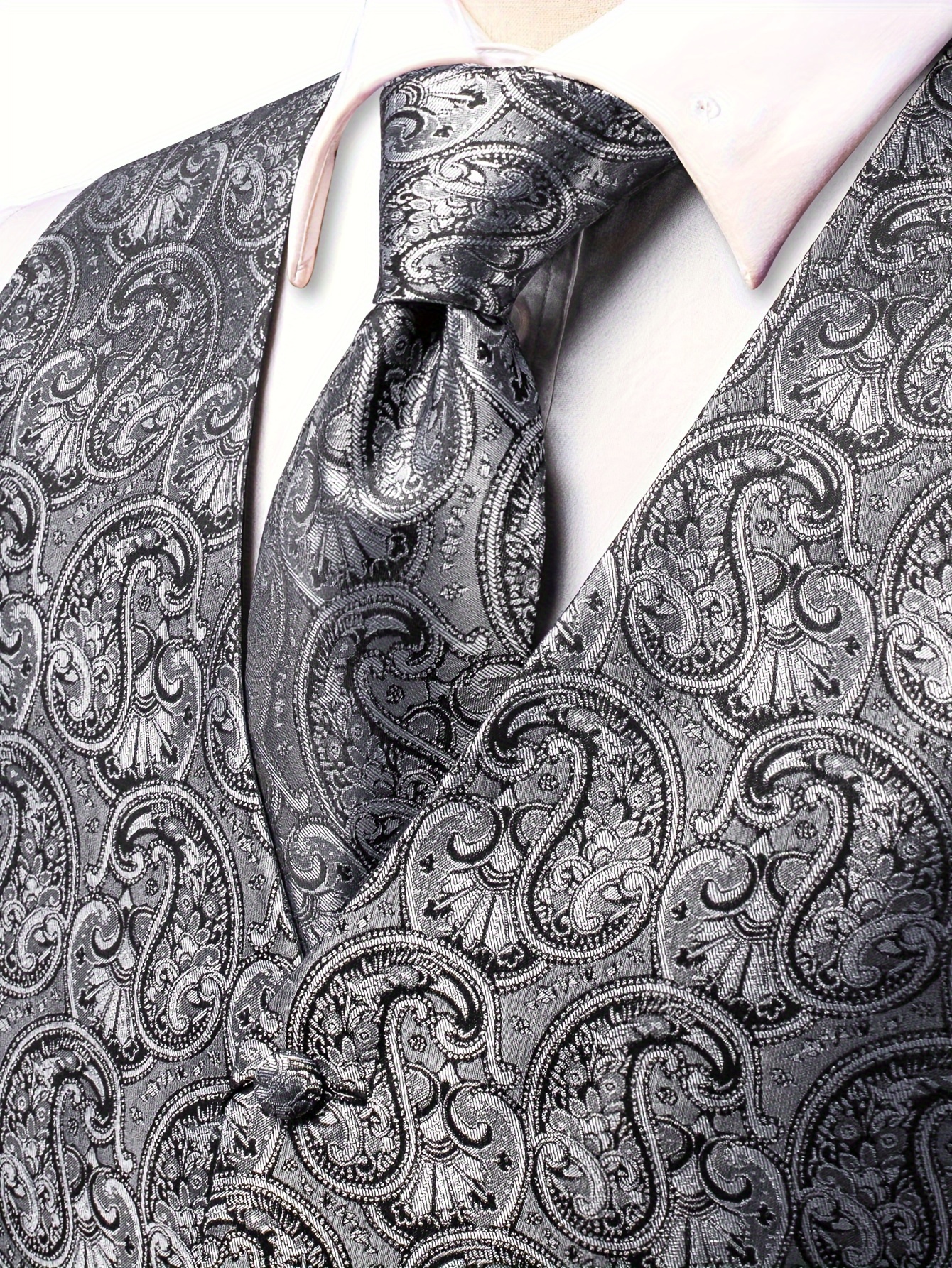 Men'S Elegant V-Neck Polyester Vest Set with Tie, Handkerchief & Cufflinks for Wedding Party - All-Season Motif Cachemire Pattern, Regular Fit, Woven Fabric, Button Detail