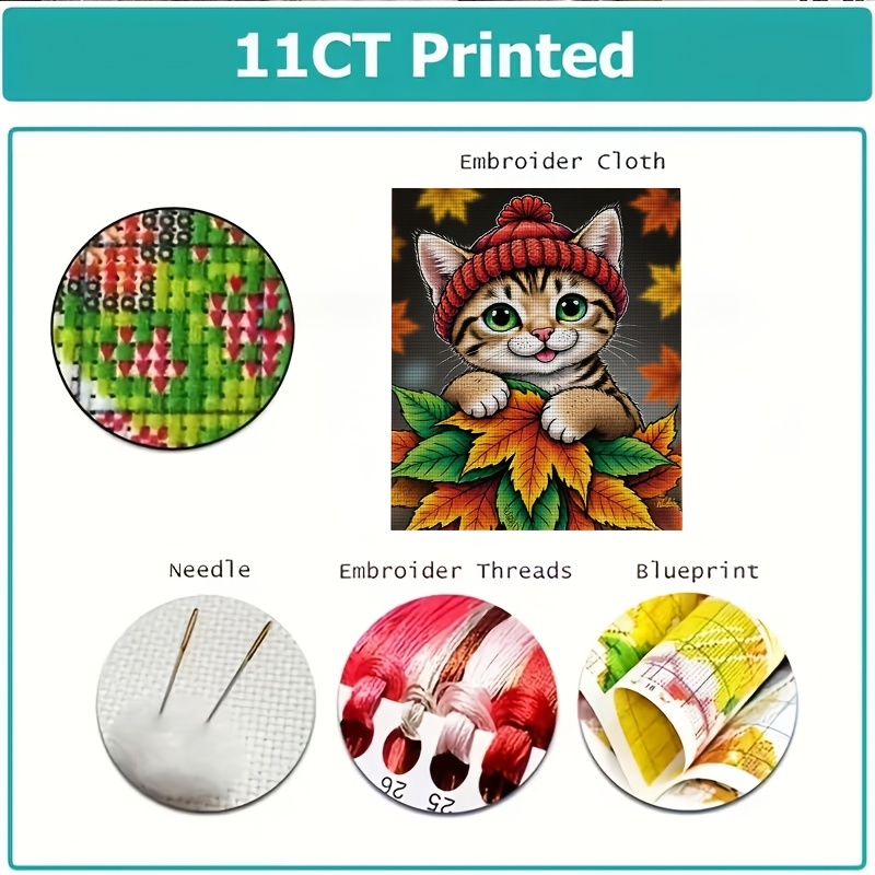 Frameless Cross-Stitch Printed Kit, Red Hat Kitten and Autumn Leaves