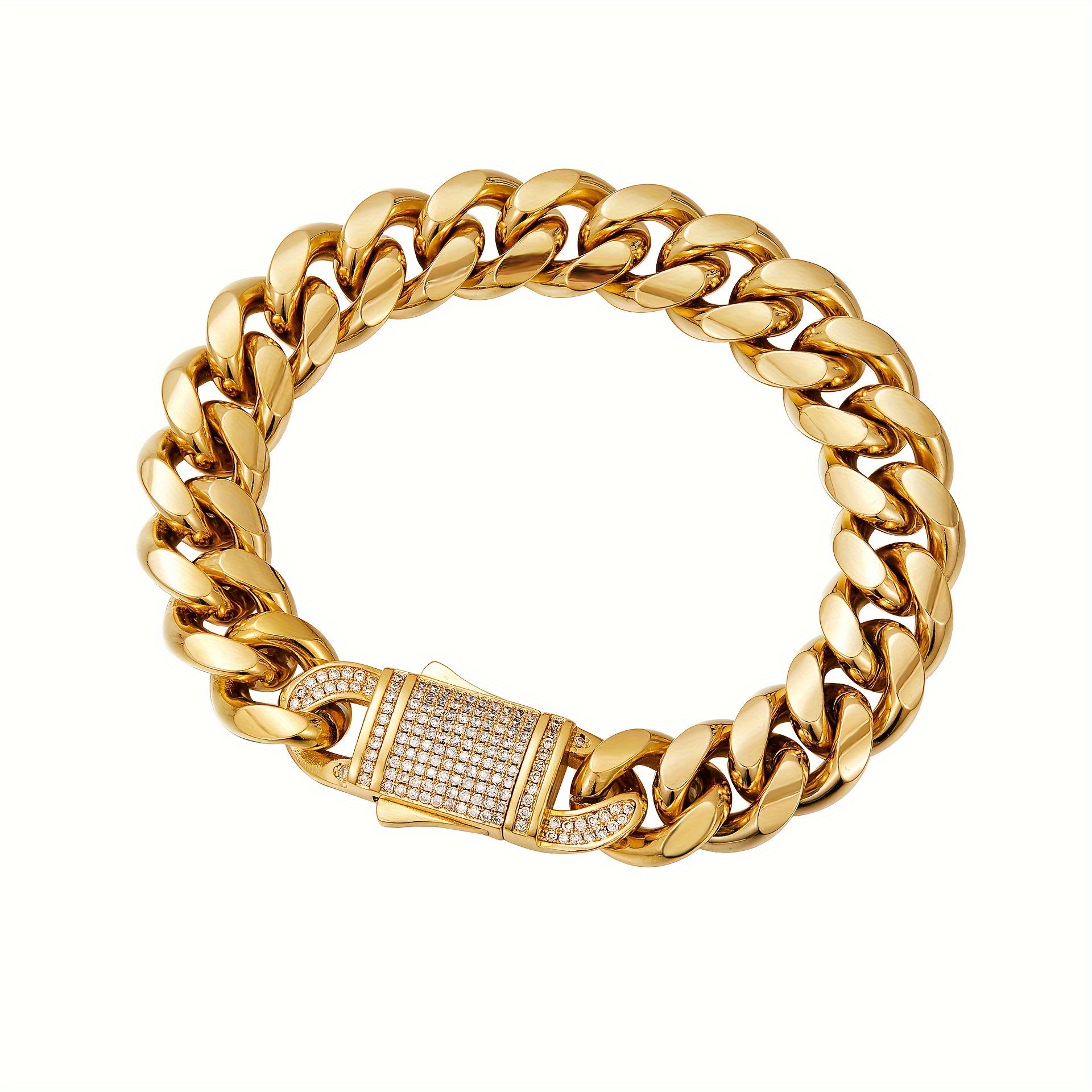 

Stainless Steel Golden Cuban Link Chain Bracelet For Men, Fashion Accessory, With Encrusted Cz Clasp