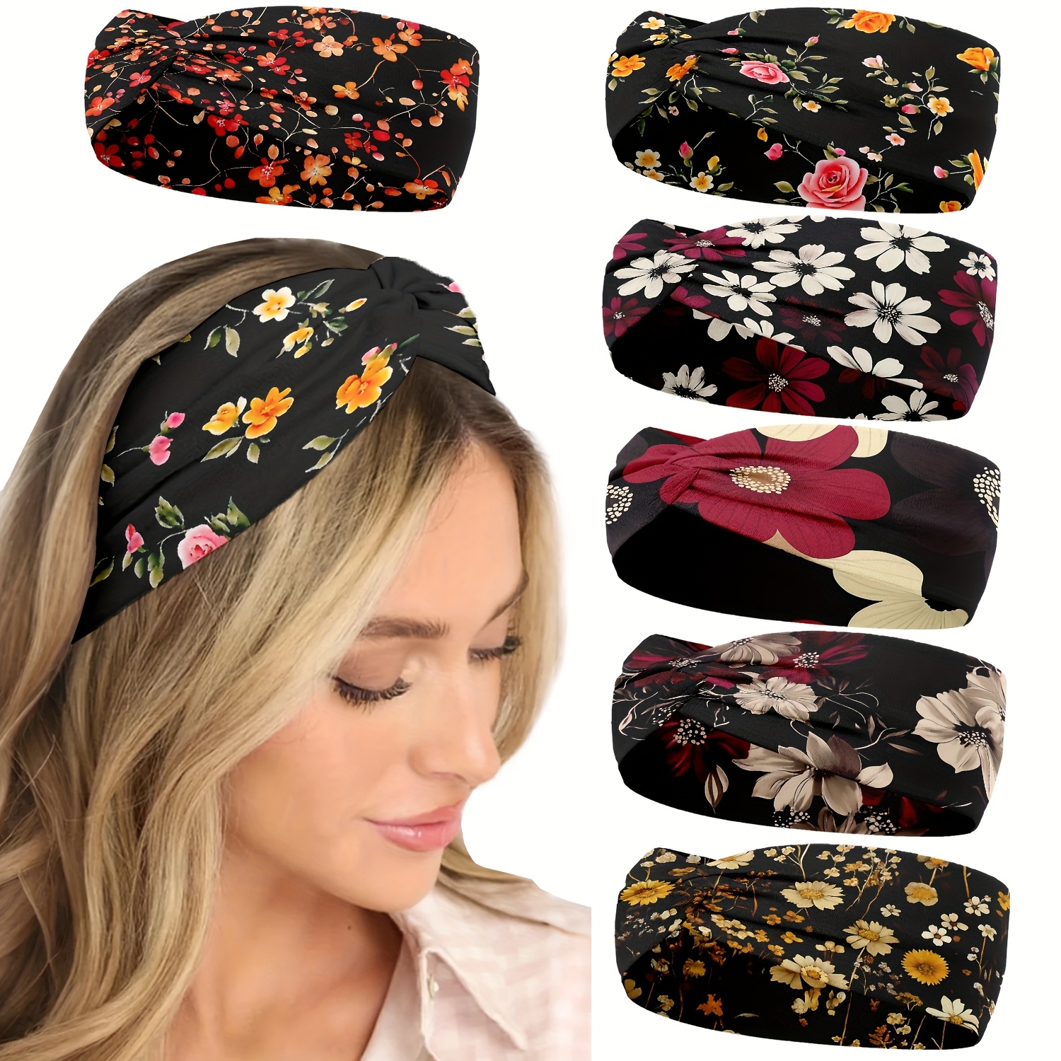 TEMU 6pcs Floral Theme, Vintage Style, Hair Bands, Hair Tie Set, Patterned Hair Bands, Printed Wide Headbands, Colorful Prints, Floral Designs, Black