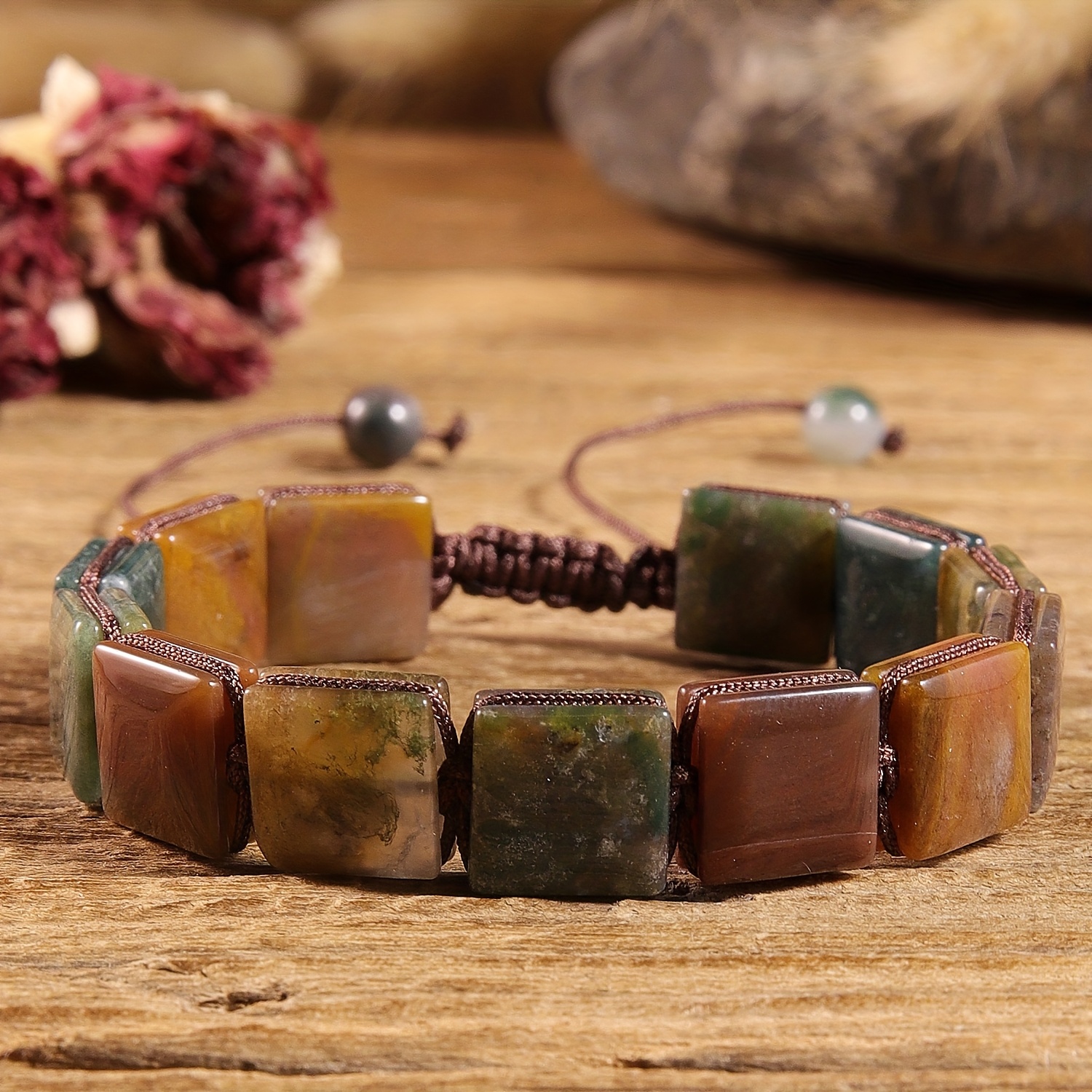 E-shop Naturstein 1 Stück Damen Handgewebtes Armband - Natürliche Quadratische Indische Achatsteine, Boho-Chic Accessoire für Täglichen Gebrauch und
