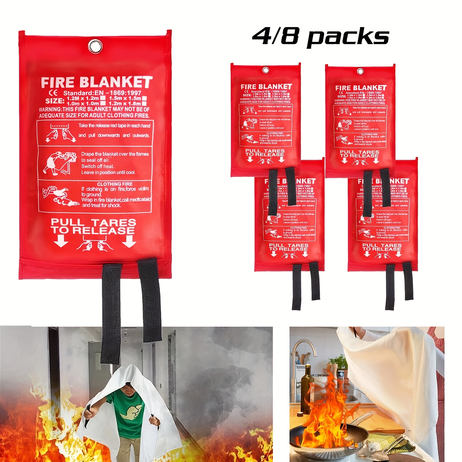 

4/8pcs Fiberglass Emergency Fire Blankets - Ultimate Protection For Home, Kitchen.camping, Hiking - Durable, Heat-resistant, Compact, And Portable