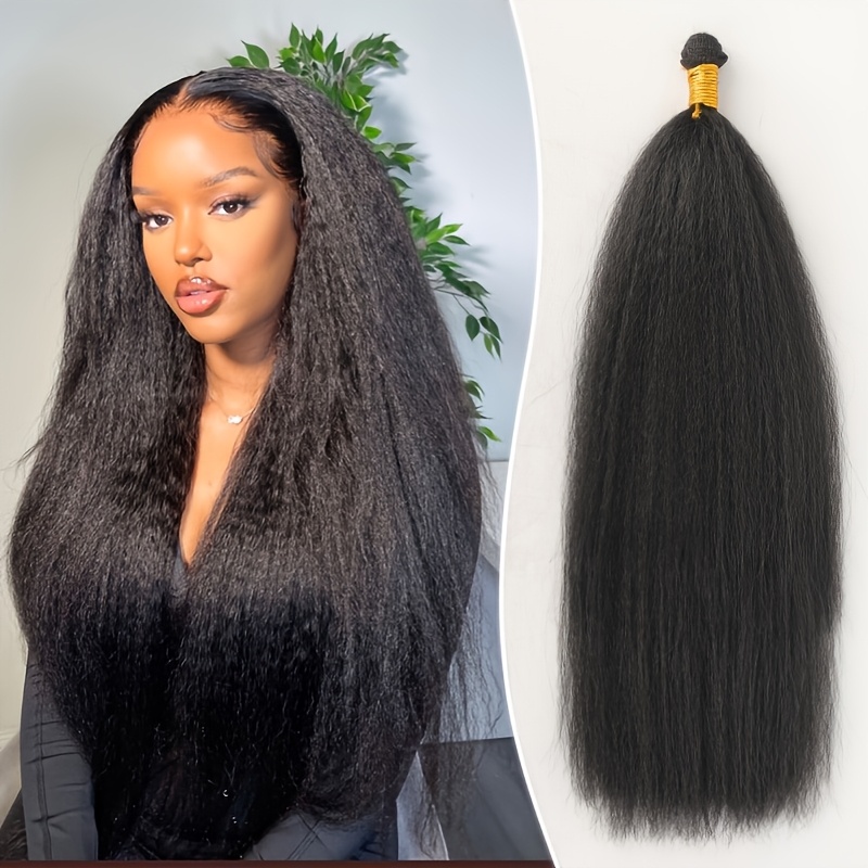 TEMU Faux Cils Noirs Synthétiques Kinky Raides Péruviens, Boucles Tressées, Extensions de Cheveux en Fibres Résistantes à la Chaleur pour Femmes,