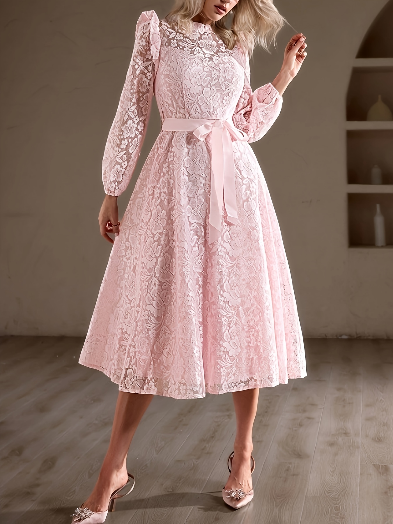 elegant pink lace maxi dress stand collar long sleeves - Temu