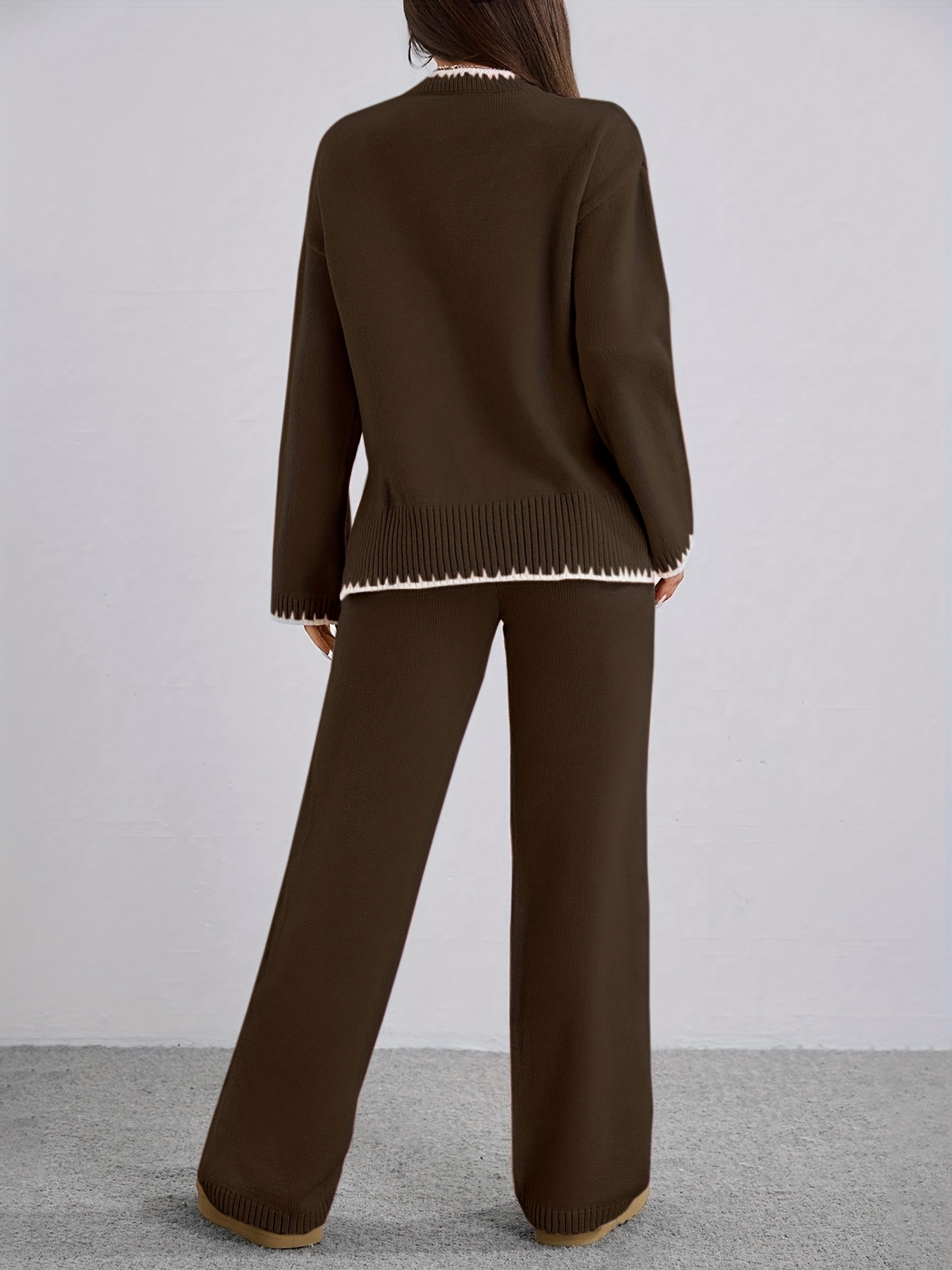 ZD0505906 Women's Two-Piece Set, Casual Elegant Loose Round Neck Contrast Pullover Sweater and Solid Color Pants for Spring Autumn Winter