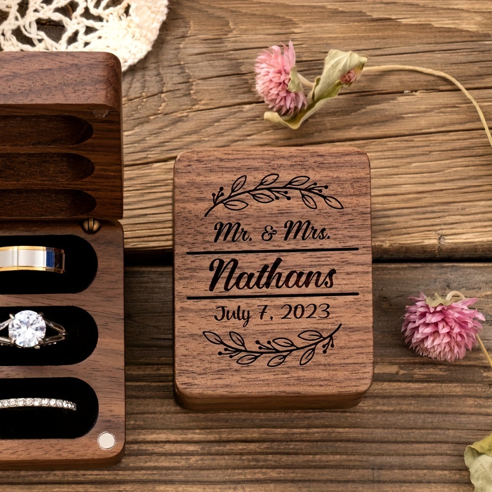 

Custom Engraved 3-slot Wooden Ring Box - Vintage Style, Magnetic Closure, Textured For Wedding & Engagement Rings, Display Stand, Flip Cover, Ring Holder