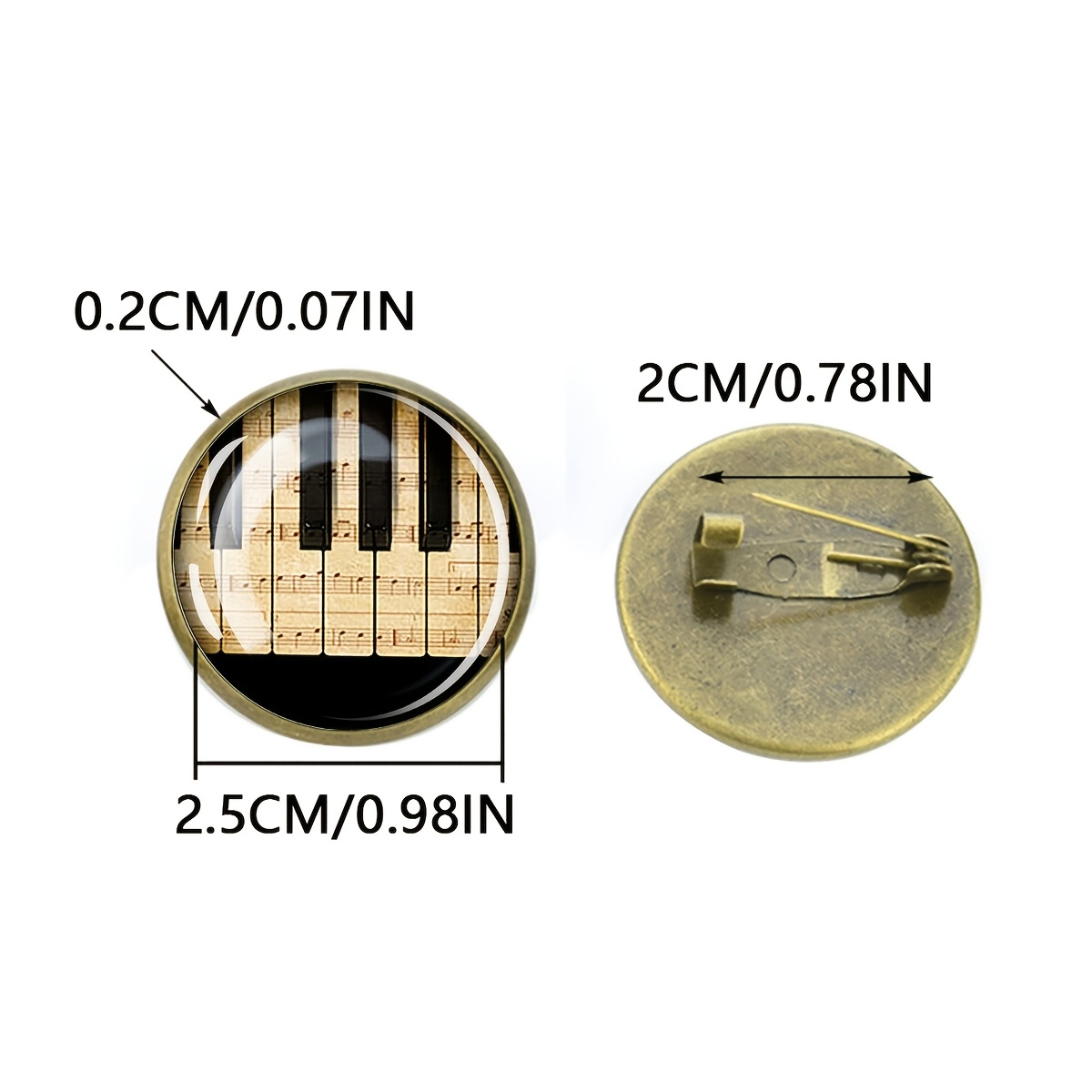 Piano Keys Music Notes Brooch, Classic Glass Cabochon Badge
