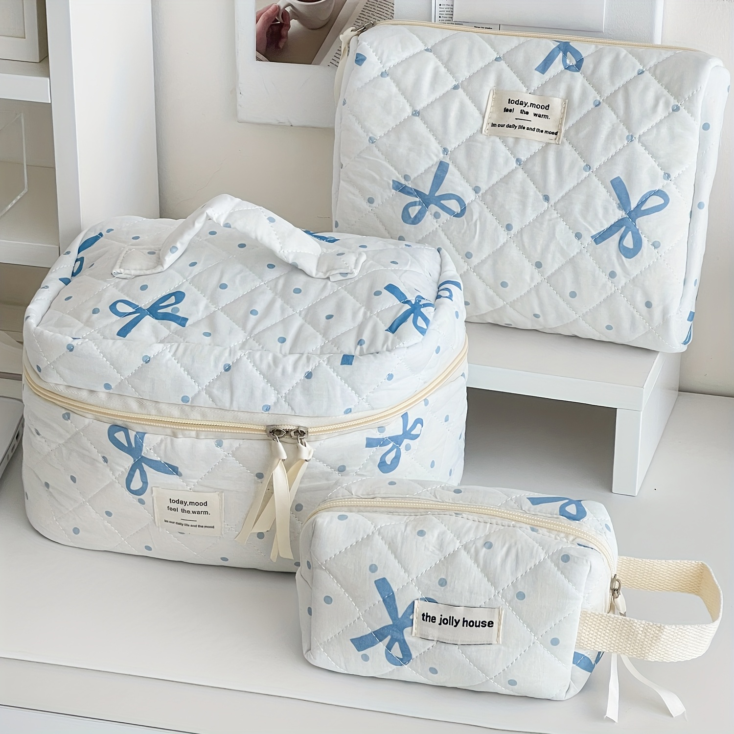 TEMU 3pcs Set Large Capacity Coin Purse With Blue Polka Dot , Stylish And Fresh Makeup Bag For And Toiletries Storage, Thanksgiving