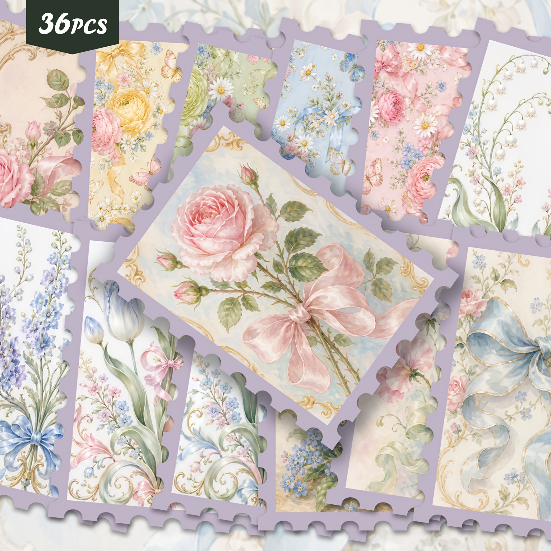 TEMU 36pcs Vintage Shabby Chic Floral Sticker Set, Watercolor Rose, Tulip, Lily Of The Valley & Design Sticker Collection For Journaling,