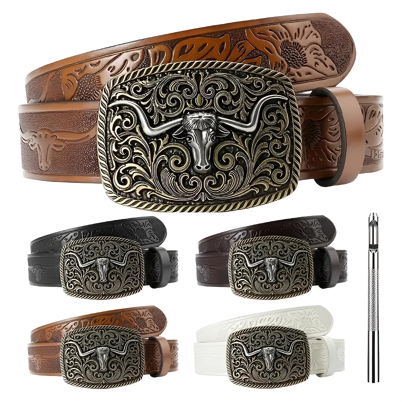 TEMU 1pc Pu Belt With Large Plate Retro Belt Men Fashion Belt