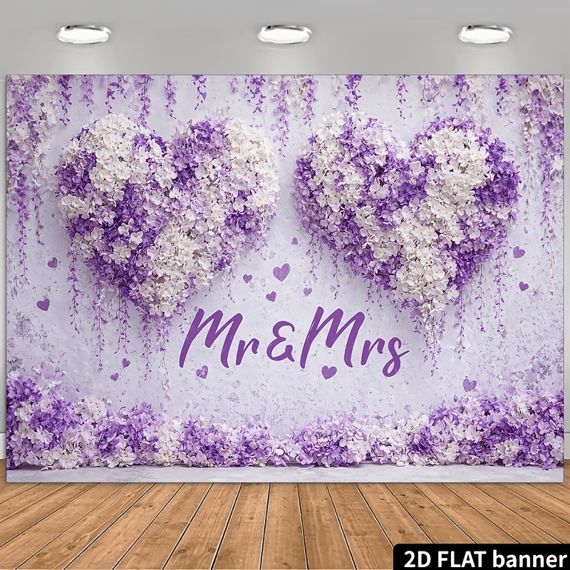 TEMU 2d Flat Romantic Wedding Theme Banner Backdrop, Purple And White Contrast Heart , With Purple Small Hearts, Featuring Lettering, With Purple And