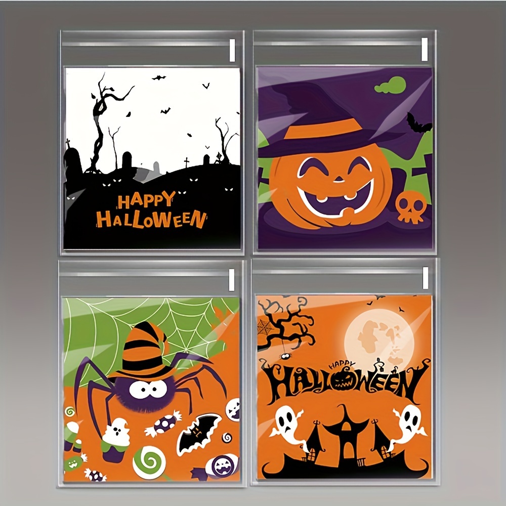 Image of 100pcs Halloween Treat Bags - Adorable Cartoon Design With Pumpkin, & Bat , Self-adhesive Cookie & Candy Packaging, Durable Plastic, Perfect For Party Favors & Decorations, Halloween Decorations