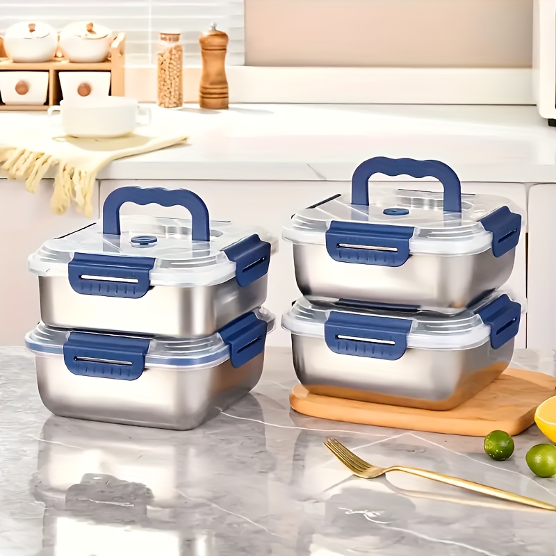 TEMU 4pcs Extra-large Stainless Steel Food Storage Container With Blue Lid, Leakproof, Vacuum Sealed Lunch Boxes For Fridge, Kitchen & Pantry,