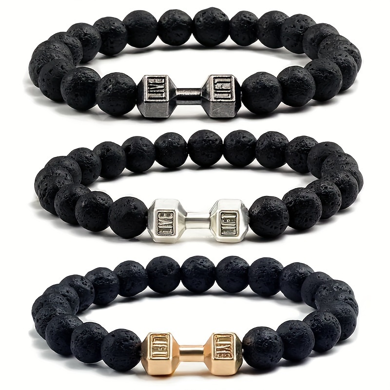 

3pcs Men's Natural Stone Bracelet, Men's Bead Bracelet, Dumbbell Charm Bracelet, Hand Jewelry, Suitable For Daily, For Boyfriend, For Brother, , Holiday Gift