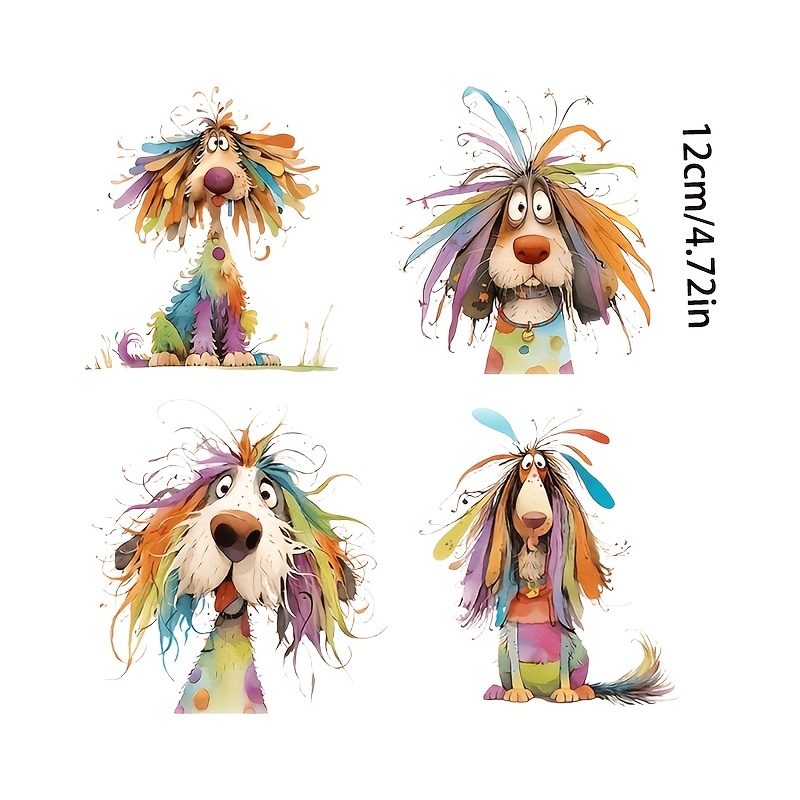TEMU 4 piezas de calcomanías duraderas y lavables termoadhesivas, pegatinas de vinilo con diseño de perro de dibujos animados coloridos para ropa,